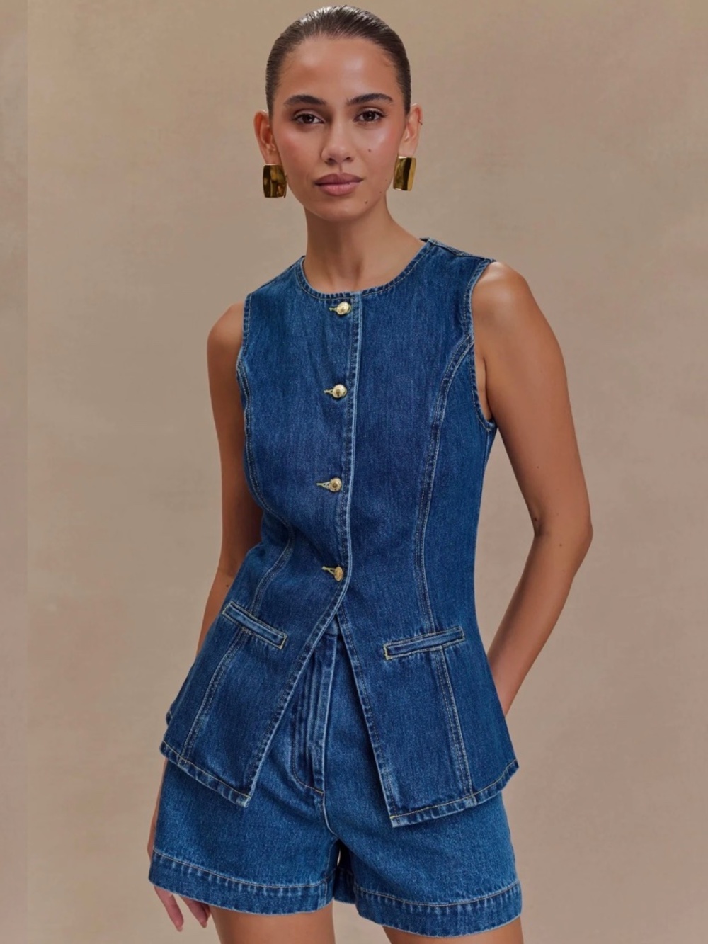 NWT Meshki Abel Denim Button Up Vest Top & Shorts Set XL